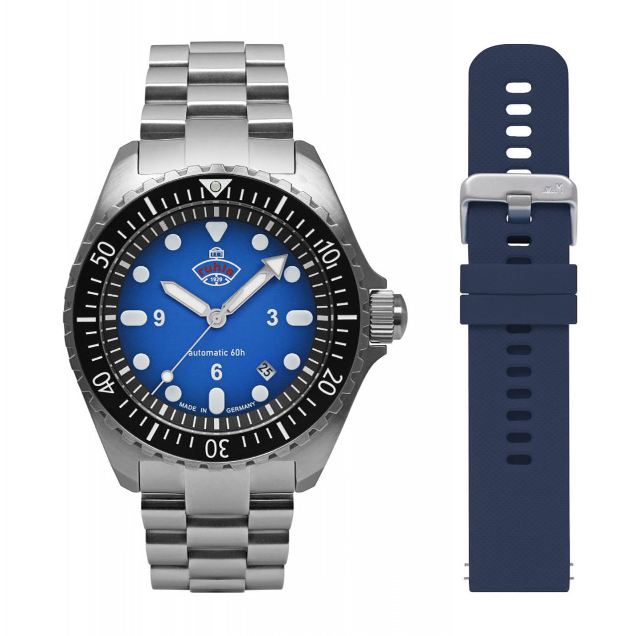 HAU, Ruhla 1929 Minentaucher DIVER Cal. 8315 Set MB+SB blue 21 jewels, PR 60h, Steelcase water resis