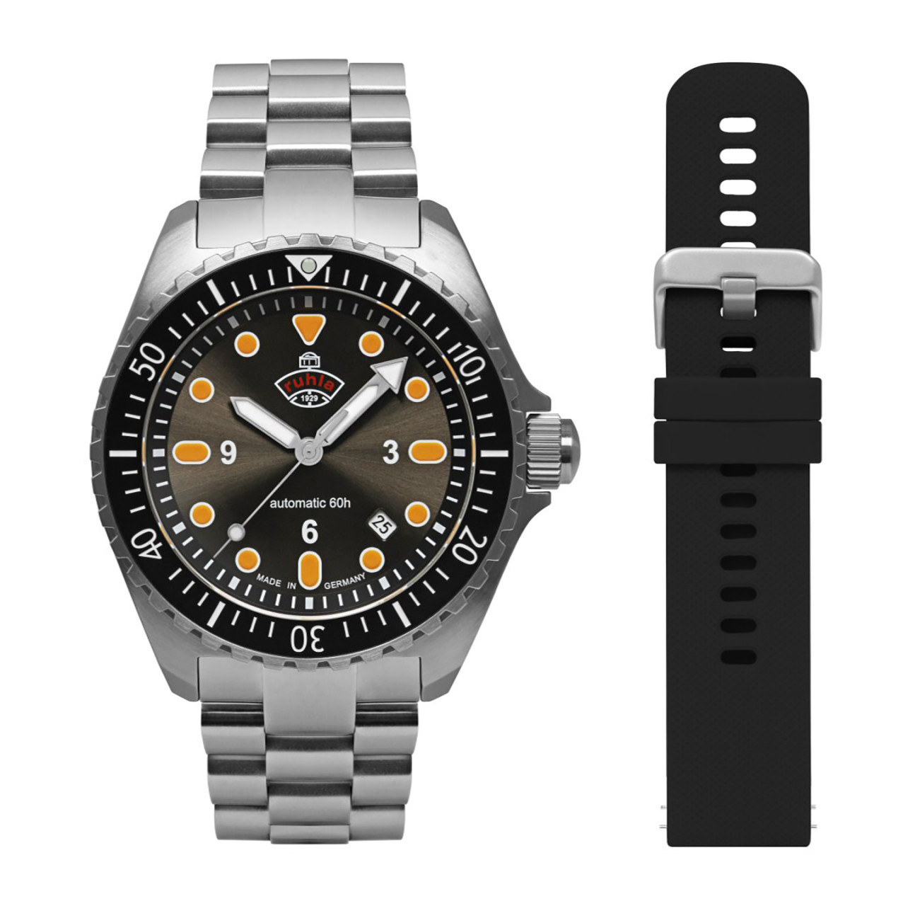 HAU, Ruhla 1929 Minentaucher DIVER Cal. 8315 Set MB+SB black 21 jewels, PR 60h, Steelcase water resistant 10atm, Sapphire crystal
