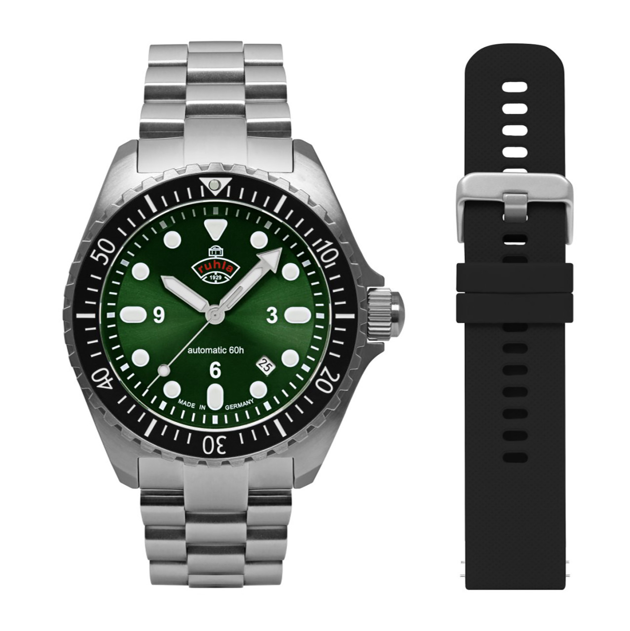 HAU, Ruhla 1929 Minentaucher DIVER Cal. 8315 Set MB+SB black 21 jewels, PR 60h, Steelcase water resistant 10atm, Sapphire crystal