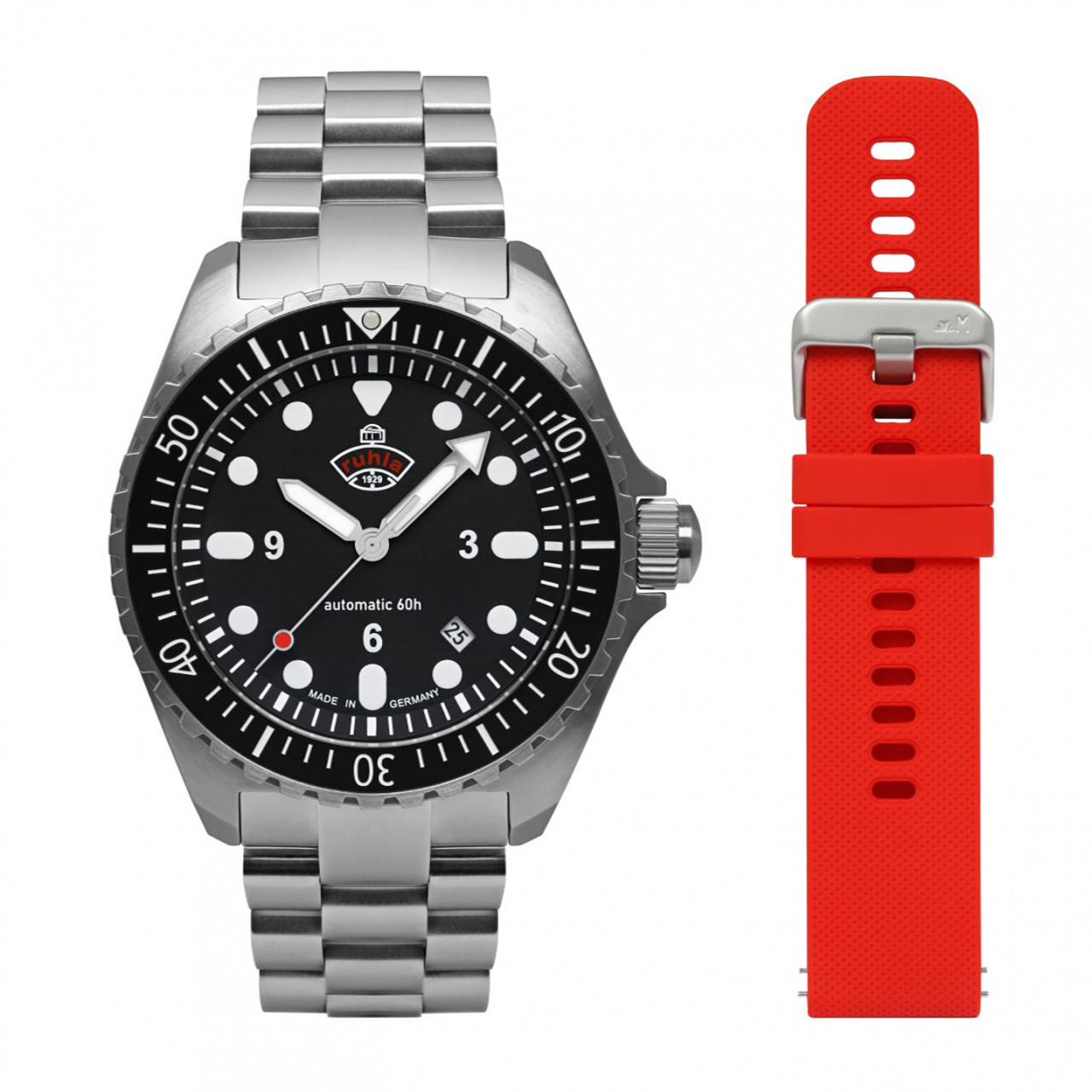 HAU, Ruhla 1929 Minentaucher DIVER Cal. 8315 Set MB+SB red 21 jewels, PR 60h, Steelcase water resistant 10atm, Sapphire crystal