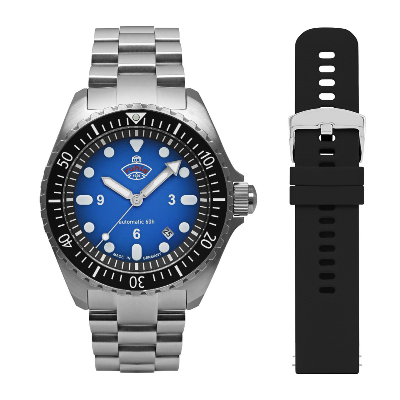 HAU, Ruhla 1929 Minentaucher DIVER Cal. 8315 Set MB+SB blue 21 jewels, PR 60h, Steelcase water resistant 10atm, Sapphire crystal